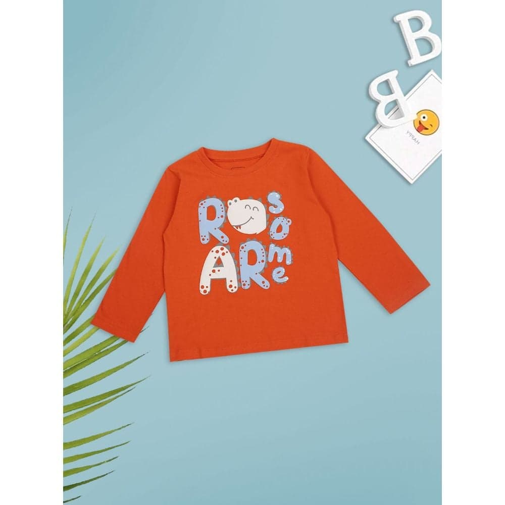 Meemee Boys Full Sleeves Printed Cotton T-Shirts In Rust